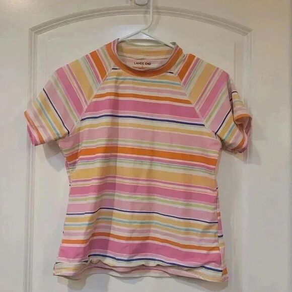 𝅺Lands' End Girl's Multicolor Striped Swim Rashguard Short Sleeves - Picture 2 of 9